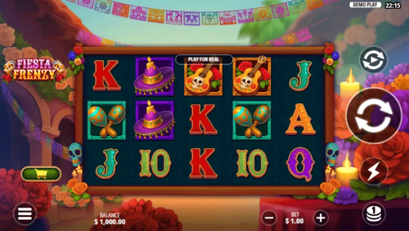 Fiesta Frenzy - tela do jogo com carretéis e iconografia mexicana